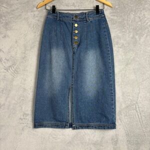 Jade by Jane Blue Denim Button Front Midi Skirt High Waist Elastic Small